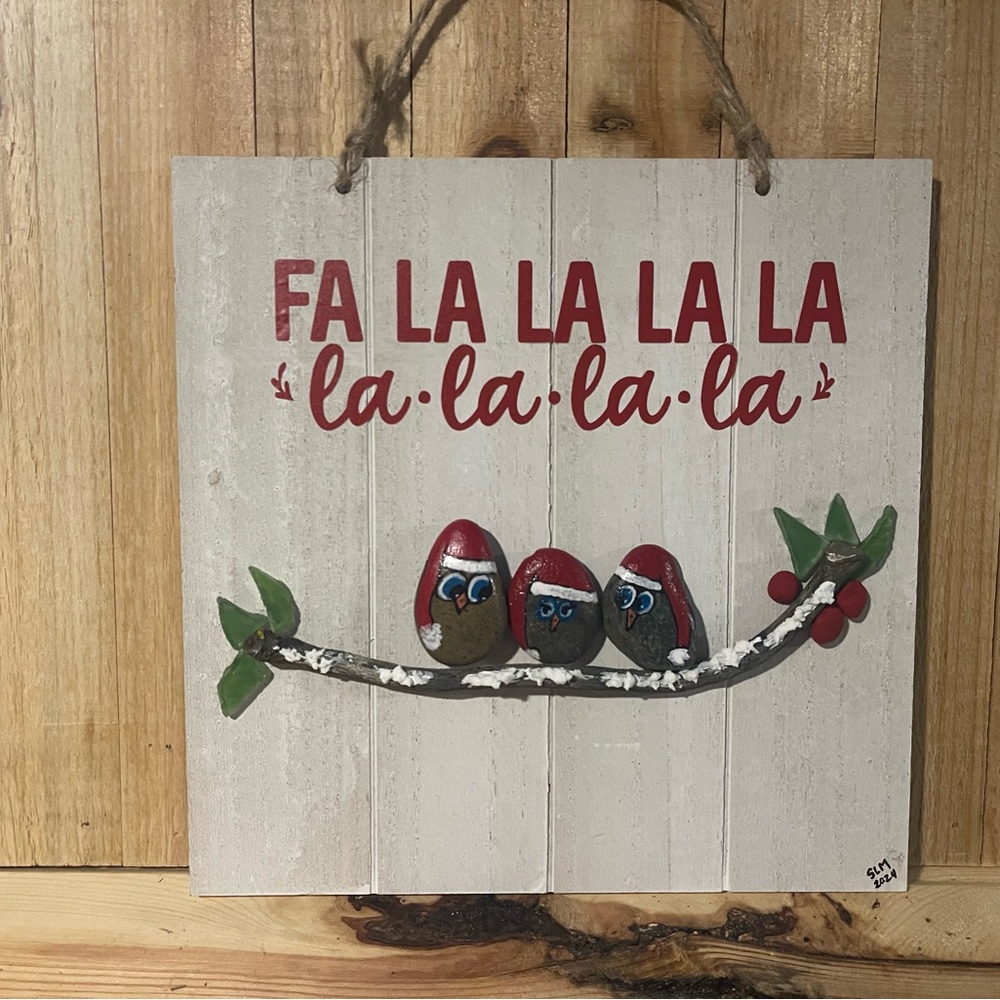Festive Owl Family - Christmas - FaLaLaLa Wall Hanging - Pebble Art